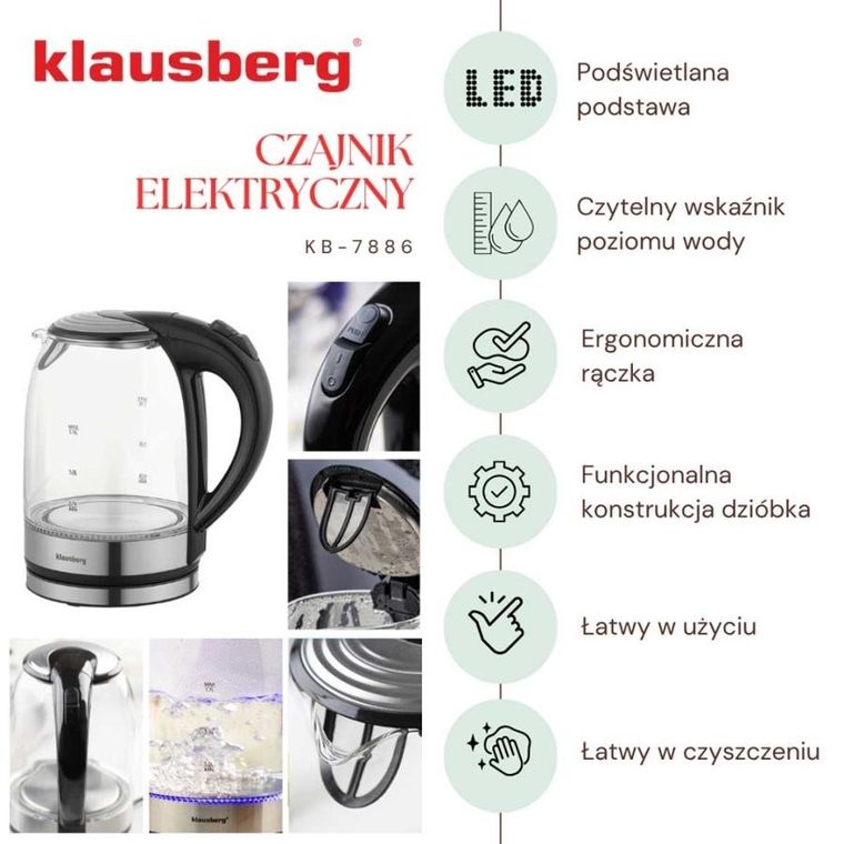 Klausberg, czajnik elektryczny szklany LED, 1,7l