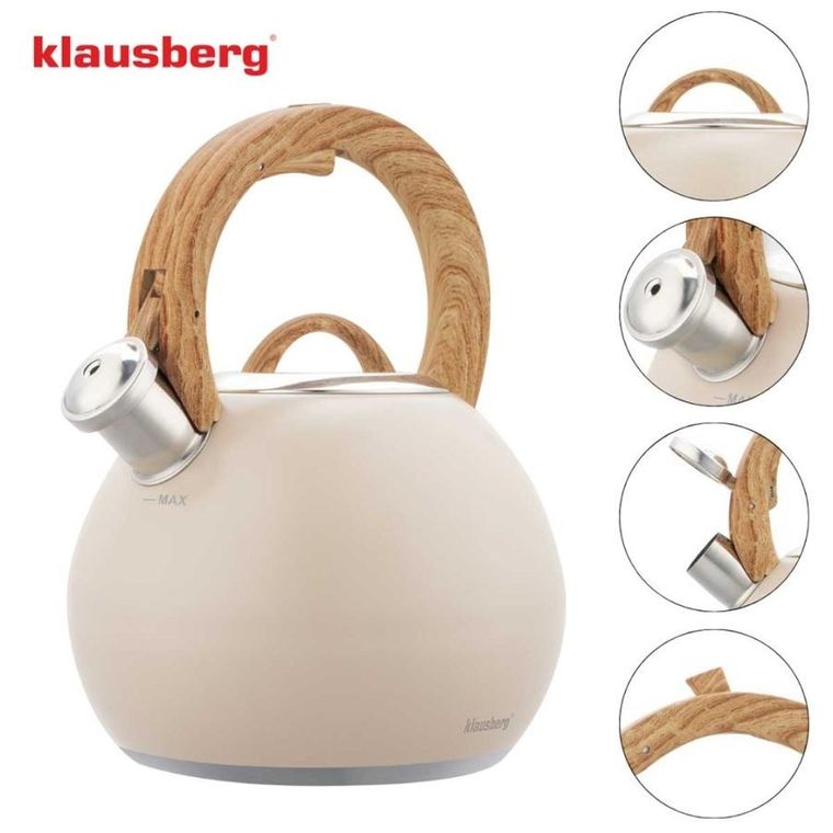 Klausberg, czajnik stalowy z gwizdkiem, beżowy mat, 3l, kb-7956