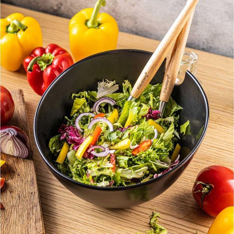 Klausberg, porcelanowa misa do sałat z przyborami, czarna, kb-7786