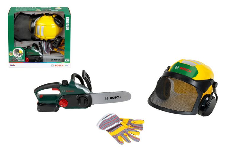 Klein, Bosch, zestaw drwala z piłą łańcuchową, kaskiem i rękawicami