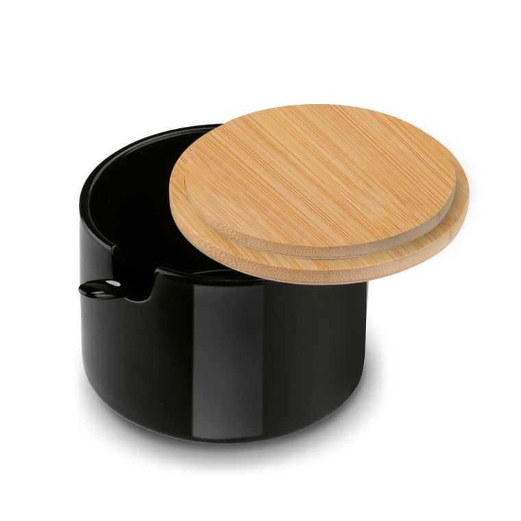 Könighoffer, cukiernica z łyżeczką i bambusową pokrywką, porcelanowa, czarna, 350 ml