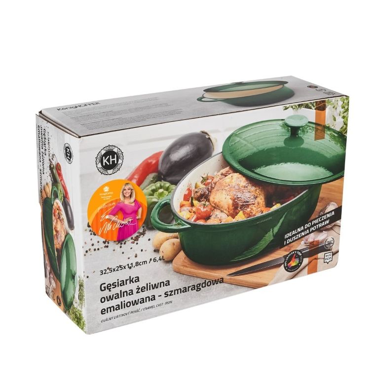 Könighoffer, gęsiarka żeliwna, emaliowana, owalna, szmaragdowa, 6,4 l, 32,5-25-11,8 cm
