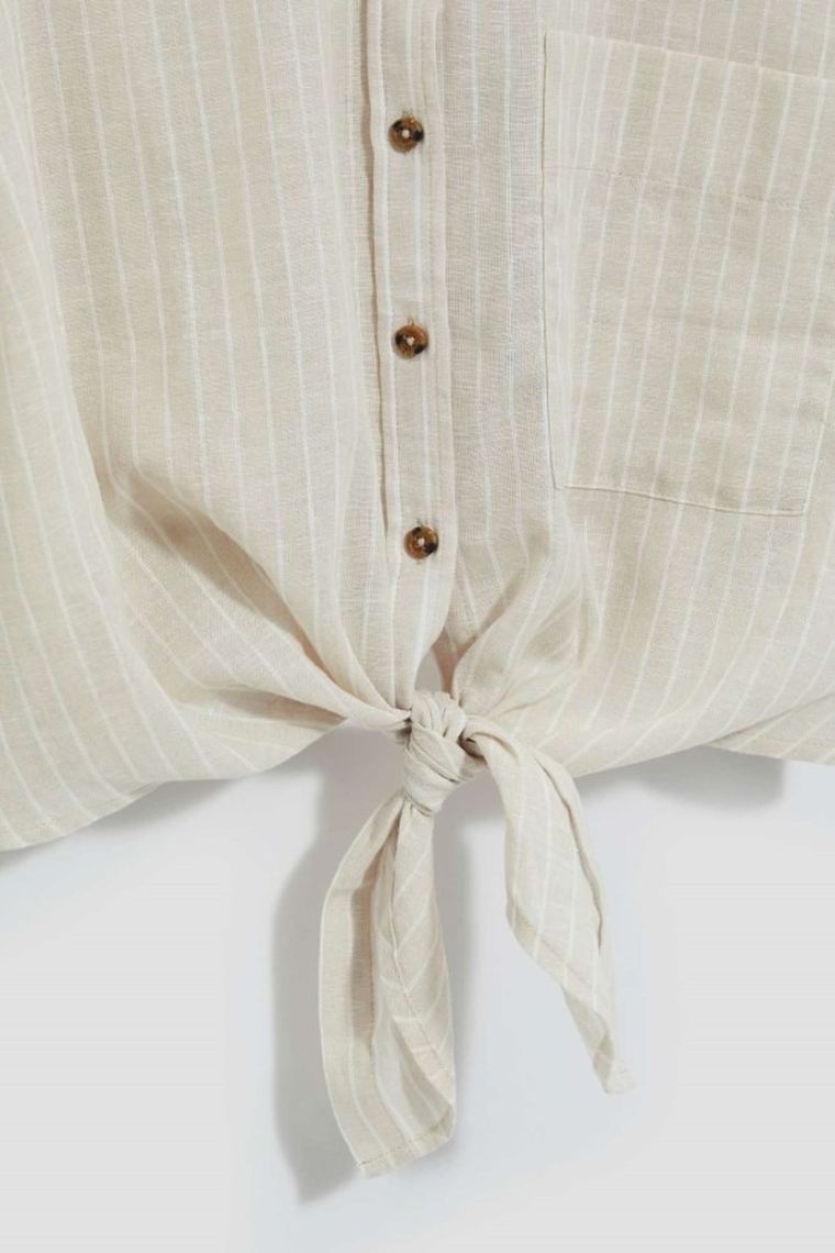 Koszula damska z krótkim rękawem, z lnem, beżowa, Moodo