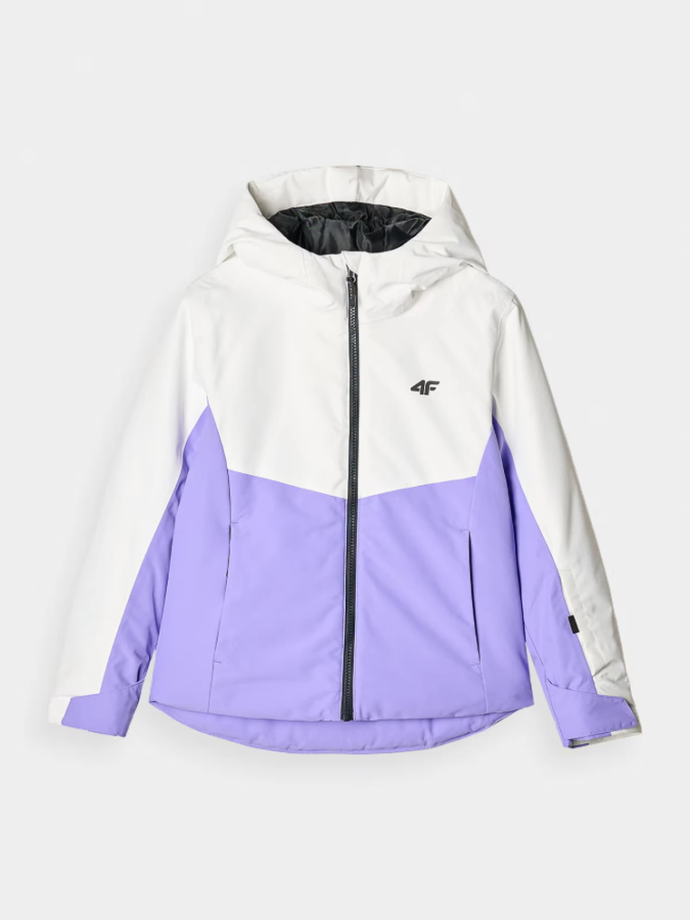 Kurtka narciarska dziewczęca z kapturem, ocieplana, fioletowa, 4F