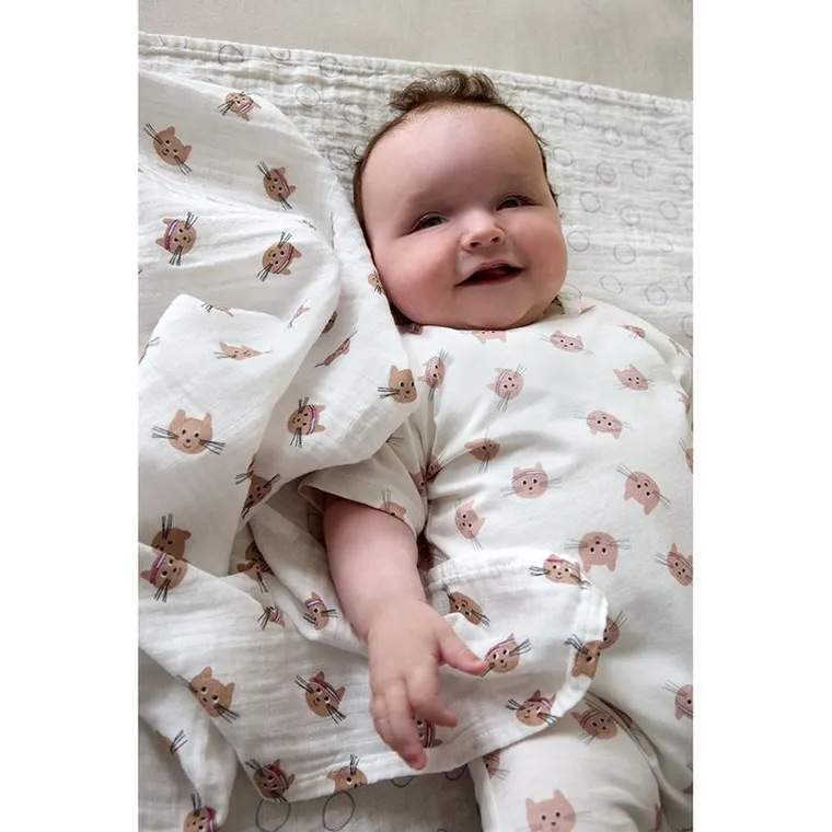 Lassig, Tiny Team, pieluszka muślinowa, otulacz z biobawełny, kotek, 60-60cm, 3 szt.