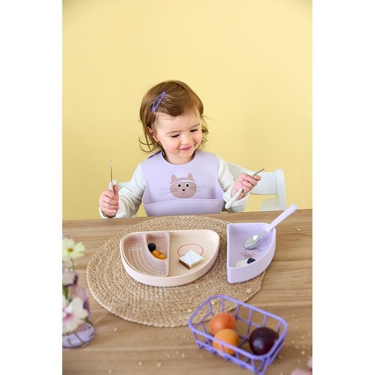 Lassig, Tiny Team, zestaw silikonowych naczyń, kotek, 3 szt.