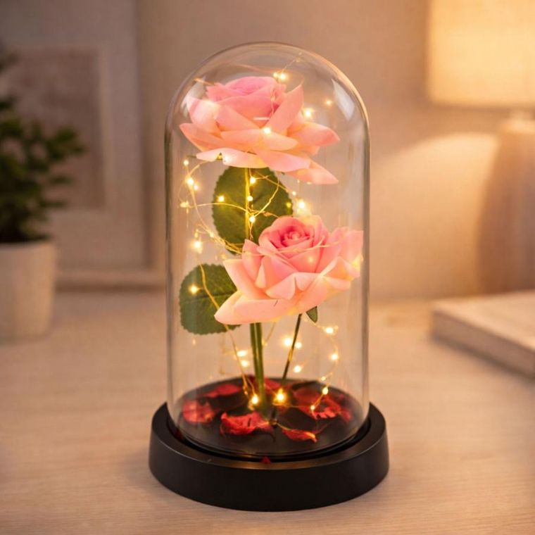 Lean Toys, 2 wieczne róże w kopule, z oświetleniem LED