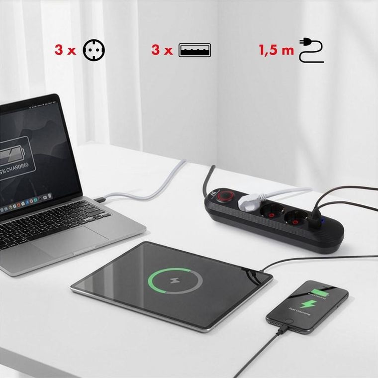 Maclean, listwa zasilająca, 3 gniazda, 3xUSB, 110-240V AC, 50/60HZ, 2.1A MAX 2500W, czarna, 1,5m