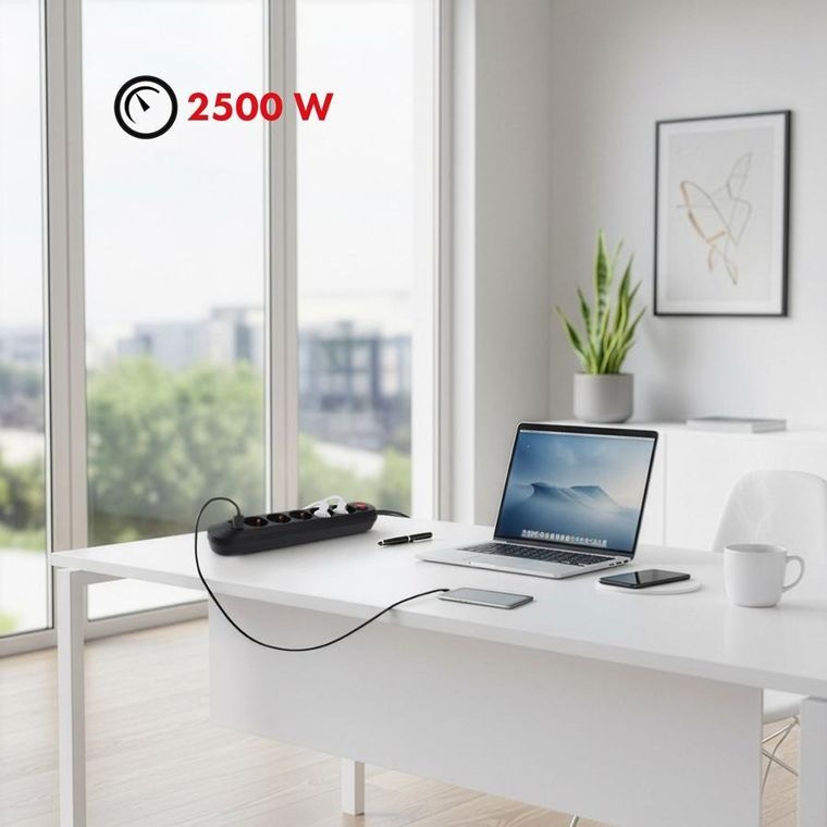 Maclean, listwa zasilająca, 5 gniazd + 3xUSB, czarna, 110-240V, AC 50/60HZ, 2.1A, MAX 2500W, 1,5m