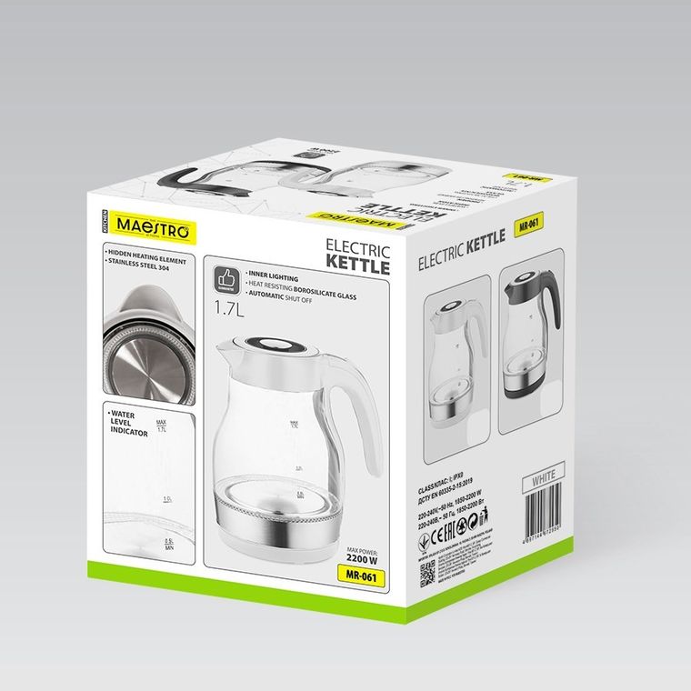 Maestro, czajnik elektryczny, szklany, czarny, 2200W, MR-061