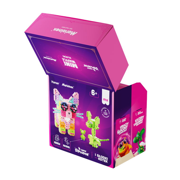 Marioinex, Mini Waffle, Smok Diplodok i Kotek, klocki konstrukcyjne, 280 elementów