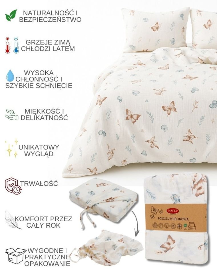 Matex, pościel bawełniana, muślinowa, 200-220 cm
