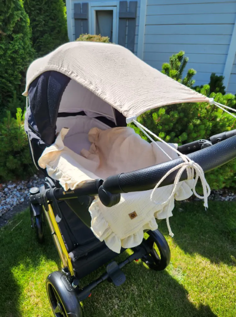 MimiNu, daszek do wózka, przeciwsłoneczna osłonka, muślin bawełniany, ciepły beż
