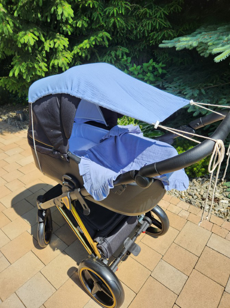 MimiNu, daszek do wózka, przeciwsłoneczna osłonka, muślin bawełniany, jeans