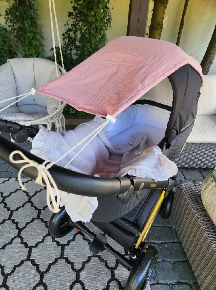 MimiNu, daszek do wózka, przeciwsłoneczna osłonka, muślin bawełniany, pudrowy róż