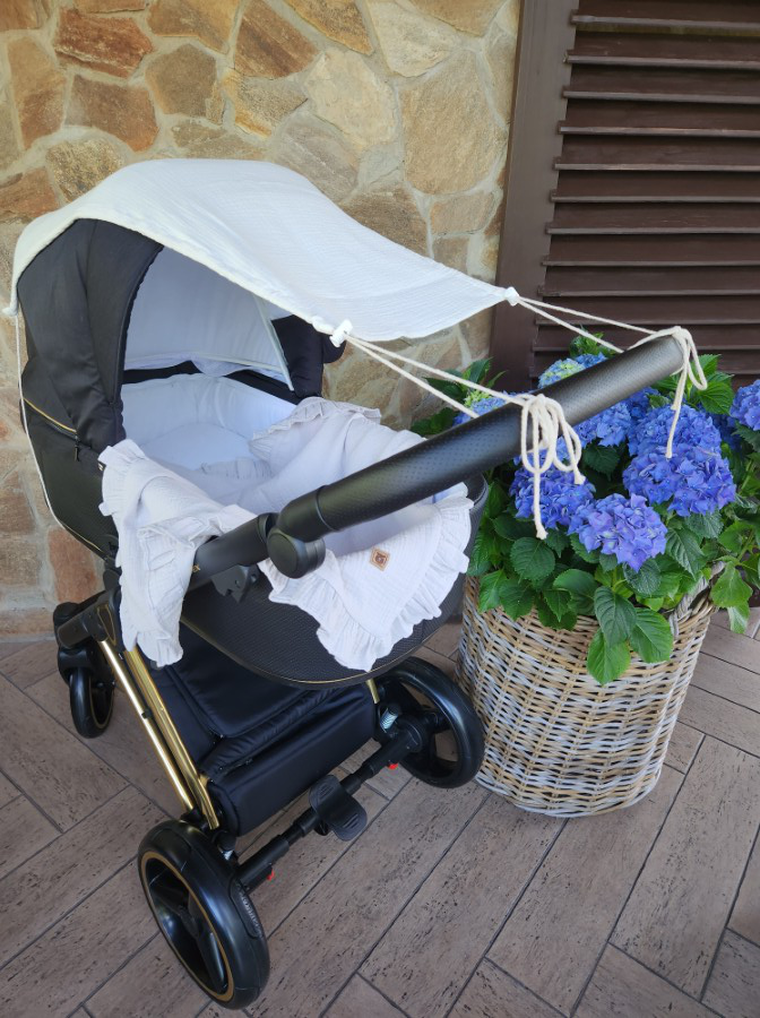 MimiNu, daszek do wózka, przeciwsłoneczna osłonka, muślin bawełniany, śmietanka