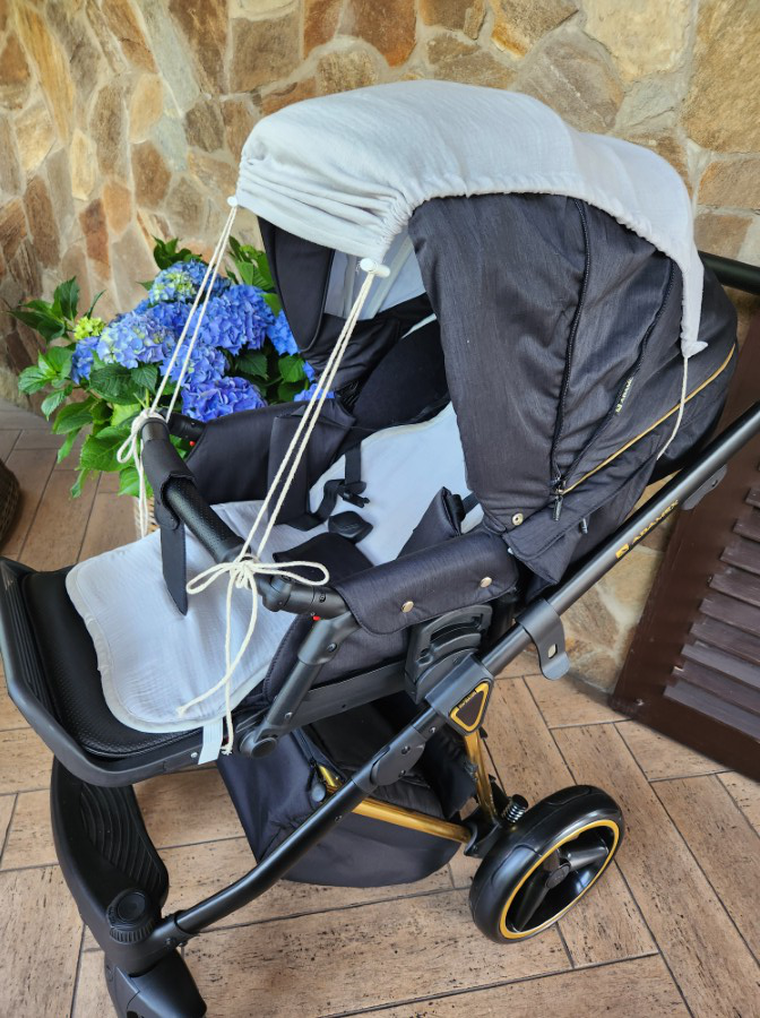 MimiNu, daszek do wózka, przeciwsłoneczna osłonka, muślin bawełniany, szary