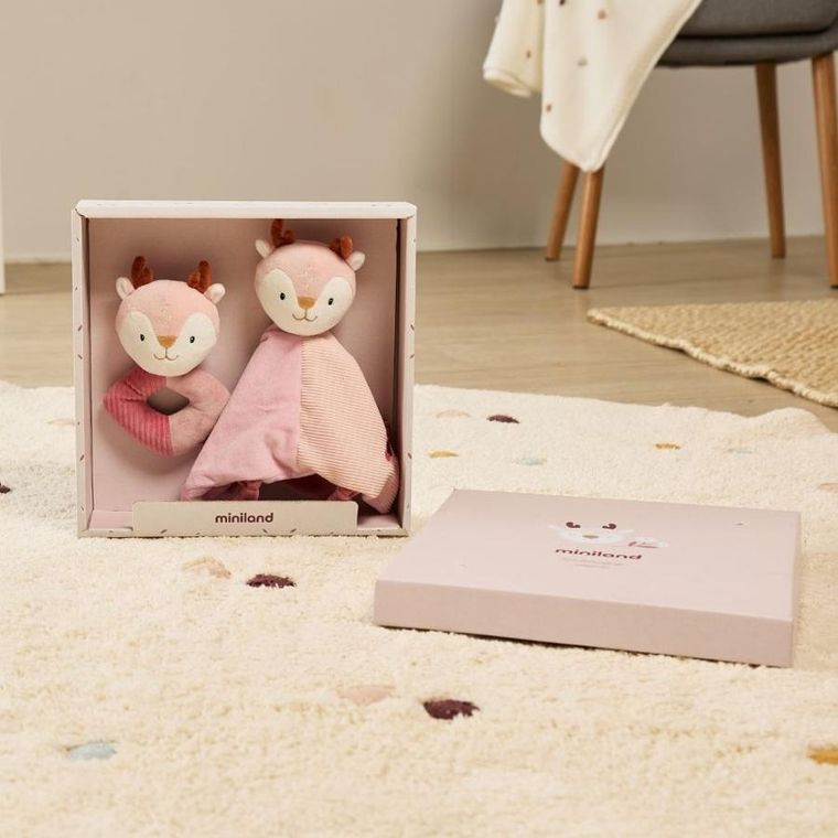 Miniland, Baby Deer, przytulanka z grzechotką, zestaw sensoryczny