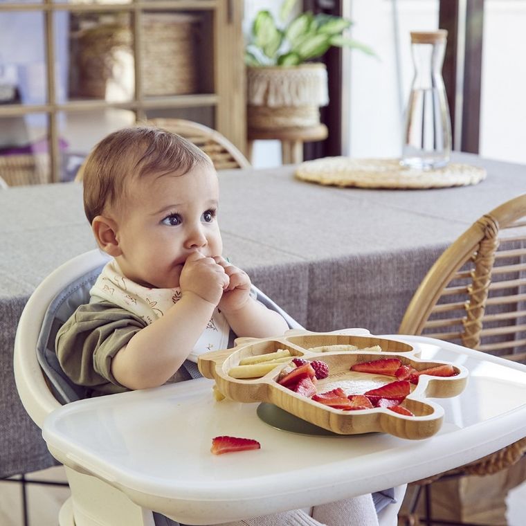 Miniland, Ptaszek, ECO-friendly, drewniany talerzyk z przyssawką i przegródkami do karmienia metodą BLW