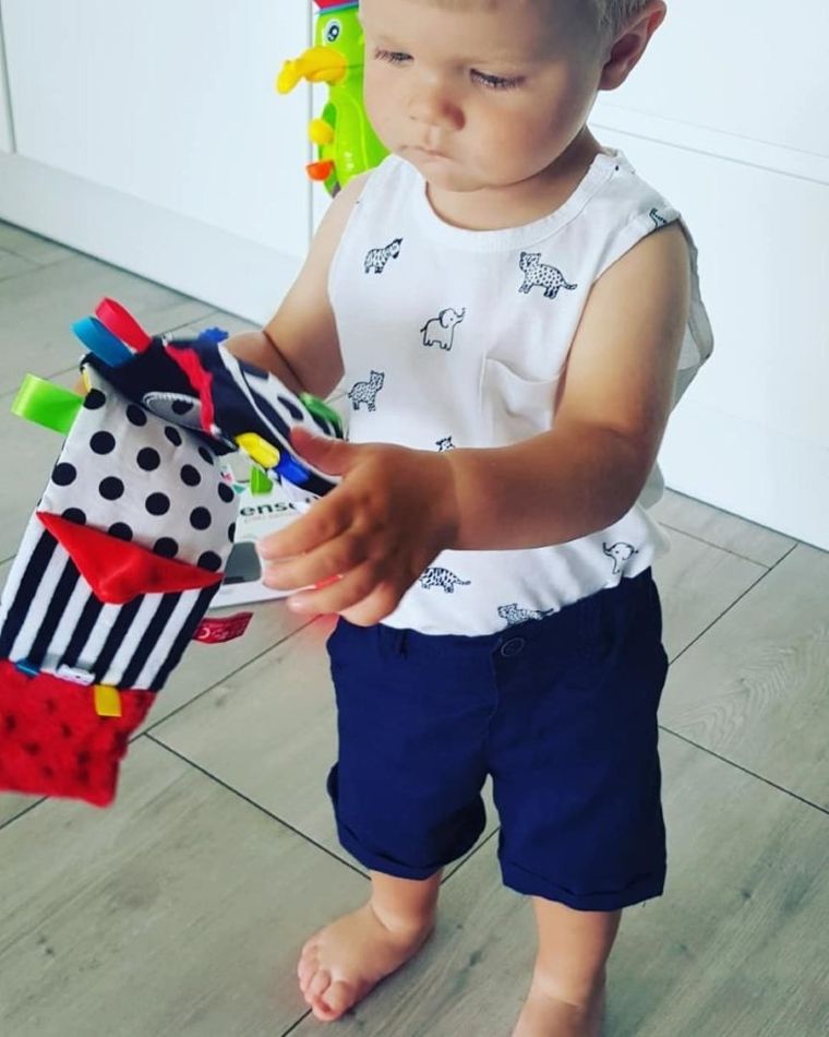 Mom's Care, mała książeczka, kontrastowa zabawka sensoryczna, niebieska