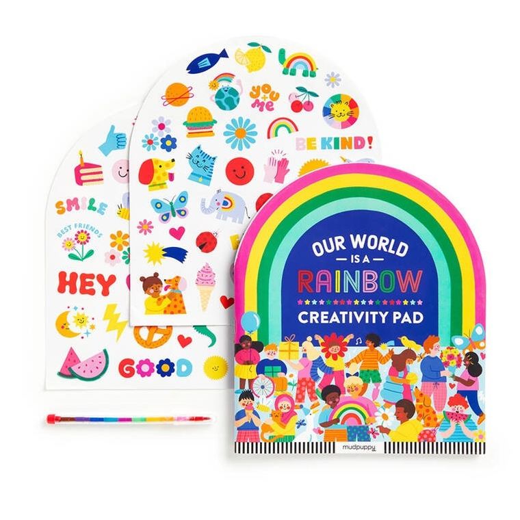 Mudpuppy, Tęczowy świat, zestaw kreatywny z malowanką, wielokolorową kredką i naklejkami
