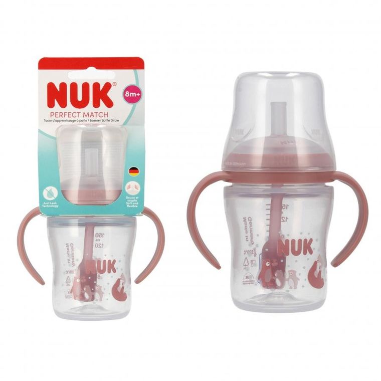 Nuk, Perfect Match, butelka do nauki picia ze słomką, miś, 150 ml