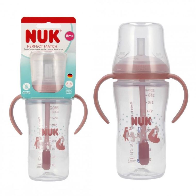 Nuk, Perfect Match, butelka do nauki picia ze słomką, miś, 260 ml
