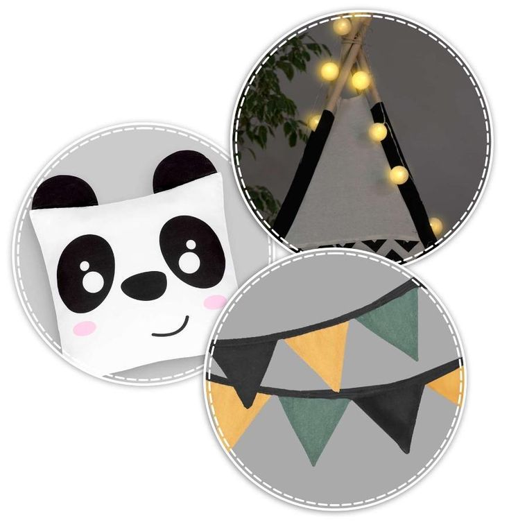 Nukido, namiot tipi z girlandą i światełkami, biało czarny z pandą