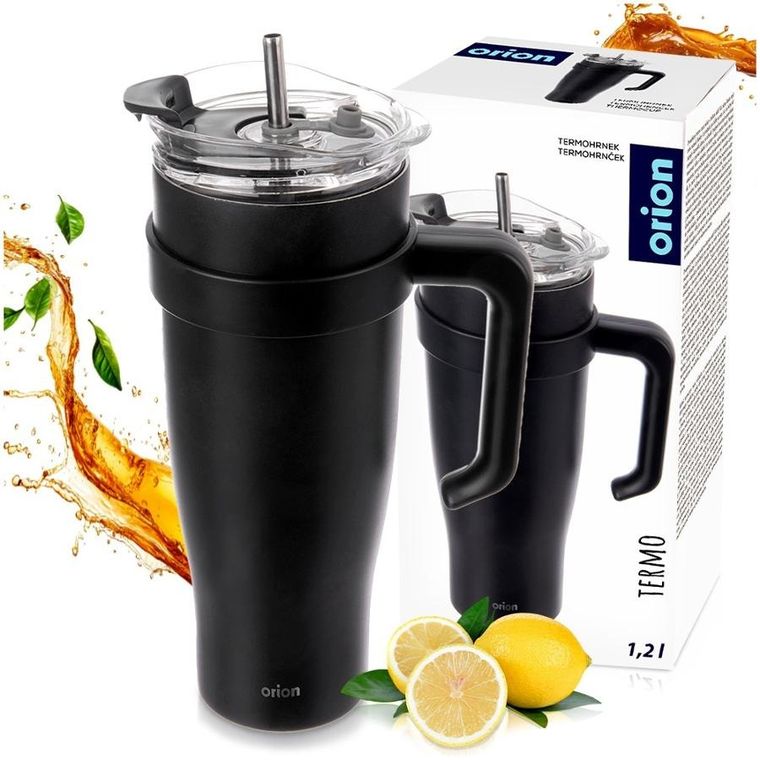 Orion, kubek termiczny z uchwytem, stalowy, czarny, 1,2l