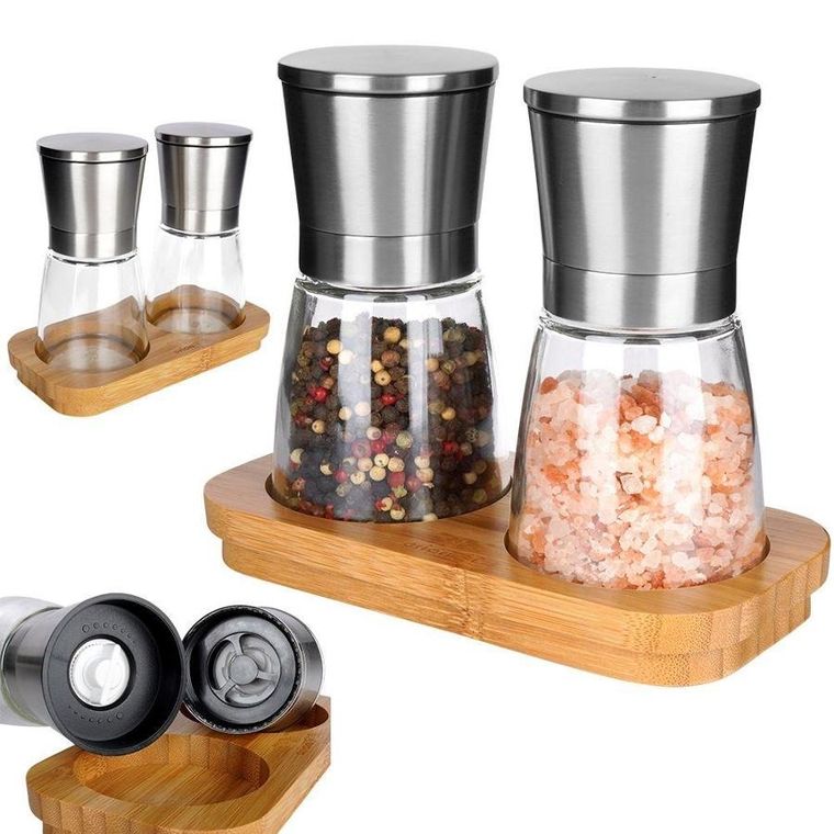 Orion, młynek do mielenia soli i pieprzu na bambusowym stojaku, 3 szt.