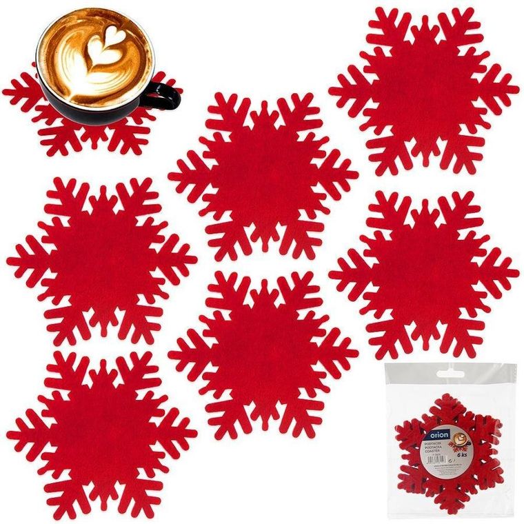 Orion, podstawka pod kubek, filcowa, czerwona płatek śniegu, 6 szt., 13.5 cm