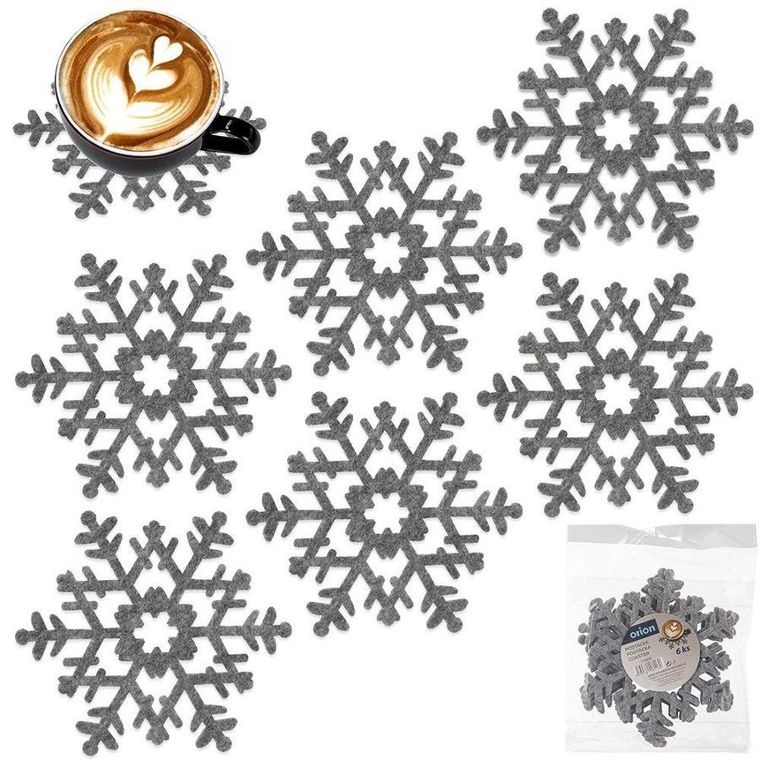 Orion, podstawka pod kubek, filcowa, szary płatek śniegu, 6 szt., 13.5 cm