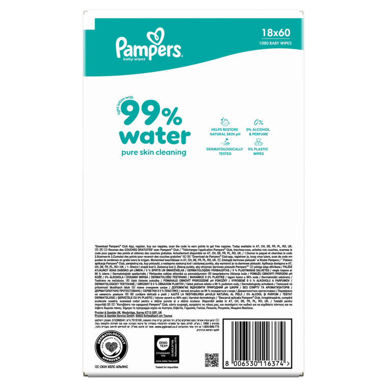 Pampers, 99% Water, chusteczki nawilżane dla dzieci, 18-60 szt.