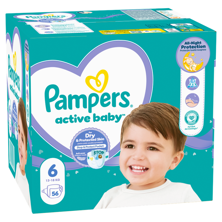 Pampers, Active Baby, pieluchy jednorazowe, rozmiar 6, 13-18 kg, 56 szt.