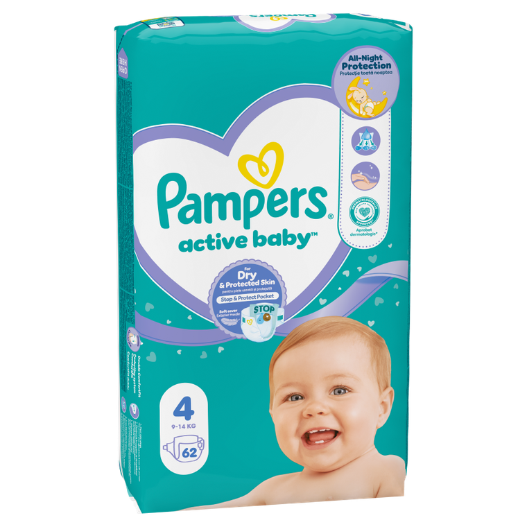 Pampers, Active Baby, pieluszki, rozmiar 4, 9-14 kg, 62 szt.