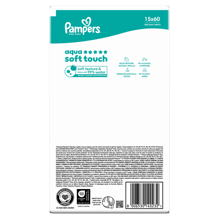 Pampers, Aqua Soft Touch, chusteczki nawilżane dla dzieci, 15-60 szt.