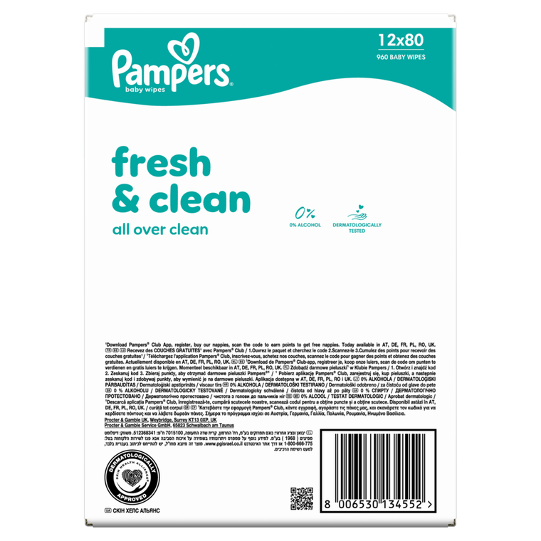 Pampers, Fresh Clean, chusteczki nawilżane dla dzieci, 12-80 szt.