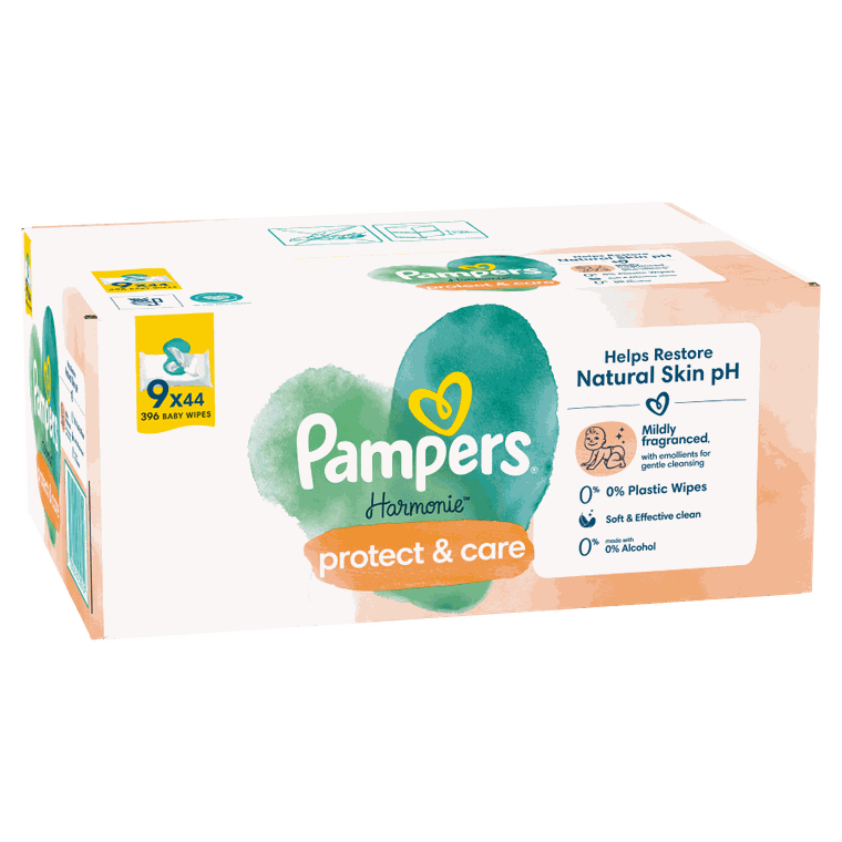 Pampers, Harmonie Protect & Care, chusteczki nawilżane dla dzieci, 9-pack, 396 szt.