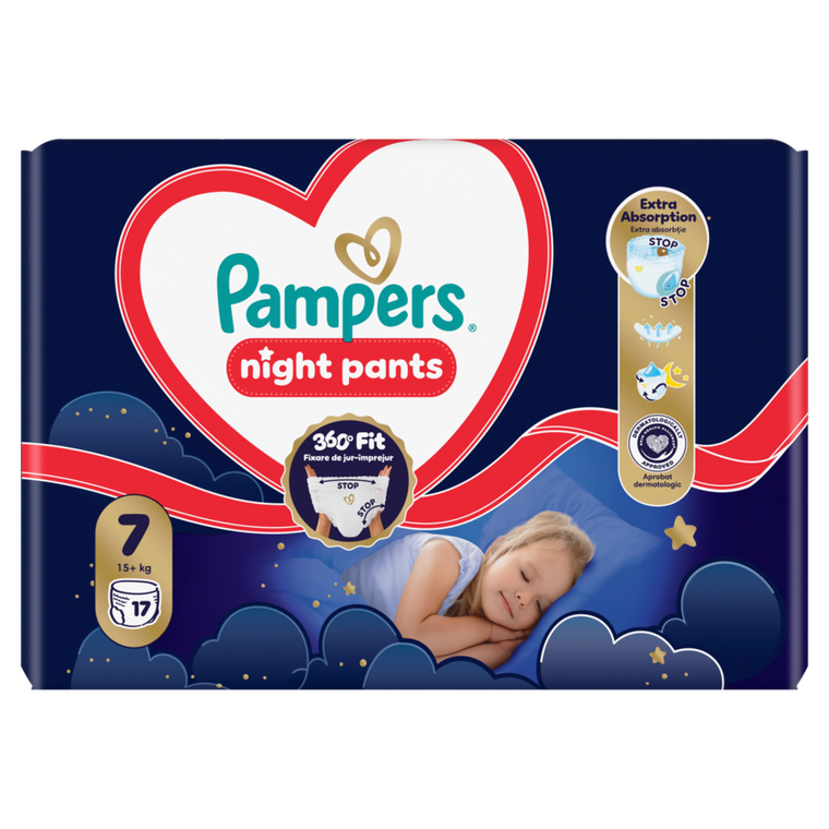 Pampers, Night, pieluchomajtki, rozmiar 7, 15kg+, 17 szt.