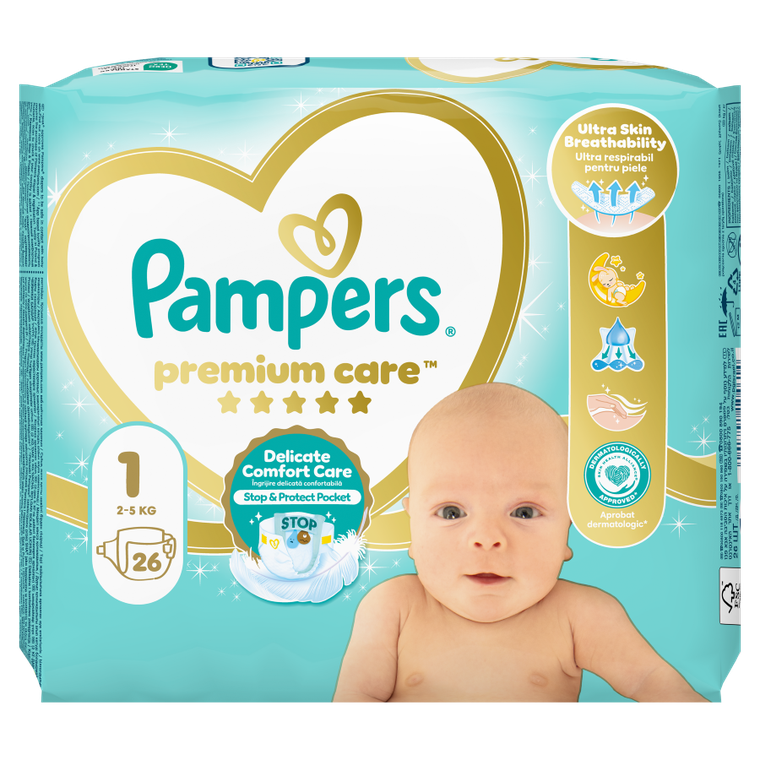 Pampers, Premium Care, pieluchy jednorazowe, rozmiar 1, 2-5 kg, 26 szt.