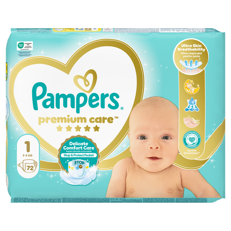 Pampers, Premium Care, pieluchy jednorazowe, rozmiar 1, 2-5 kg, 72 szt.