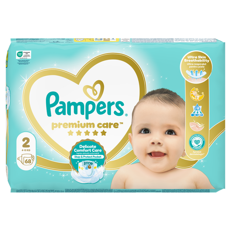 Pampers, Premium Care, pieluchy jednorazowe, rozmiar 2, 4-8 kg, 68 szt.
