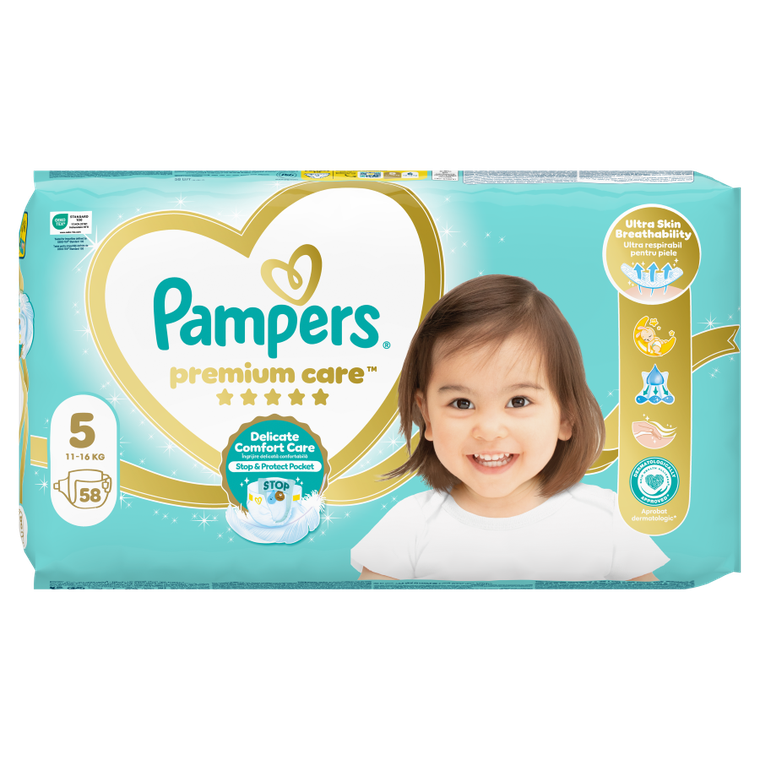 Pampers, Premium Care, pieluchy jednorazowe, rozmiar 5, 11-16 kg, 58 szt.
