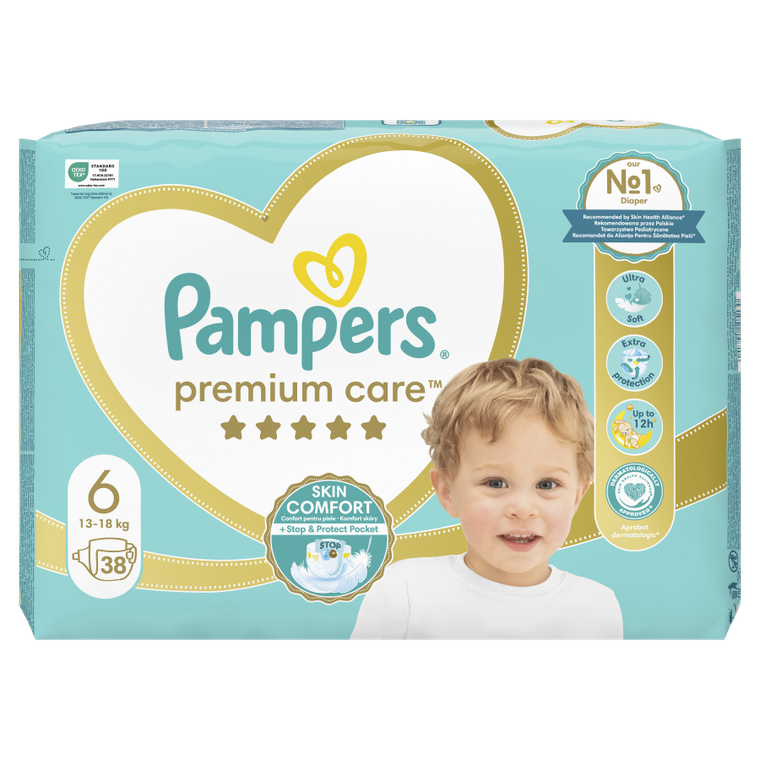 Pampers, Premium Care, pieluchy jednorazowe, rozmiar 6, 13+ kg, 38 szt.