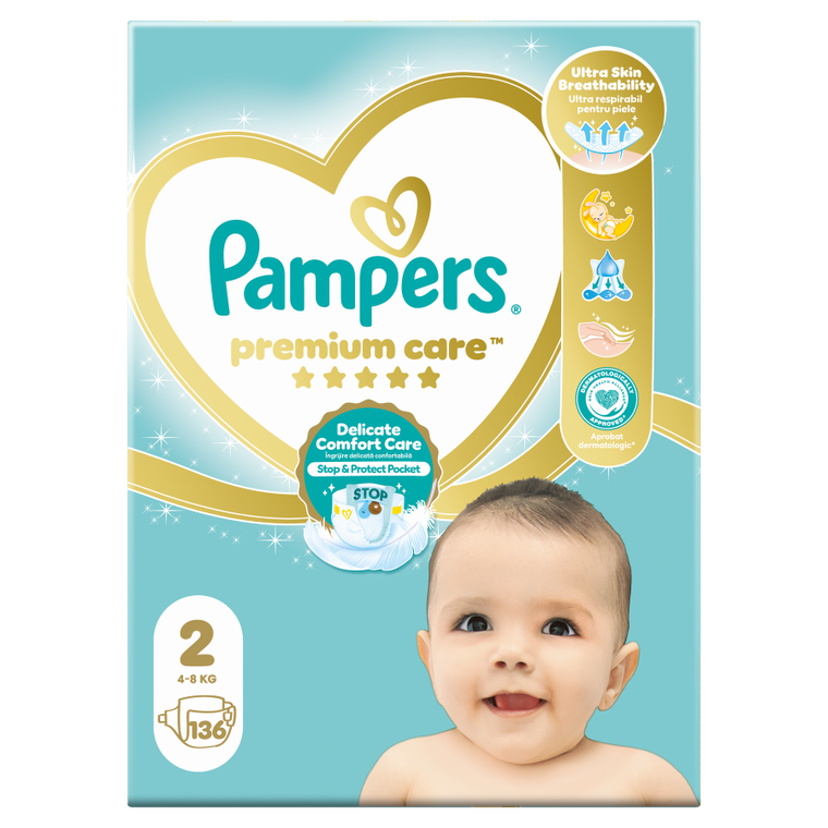 Pampers, Premium Care, pieluszki, rozmiar 2, 4-8 kg, 136 szt.