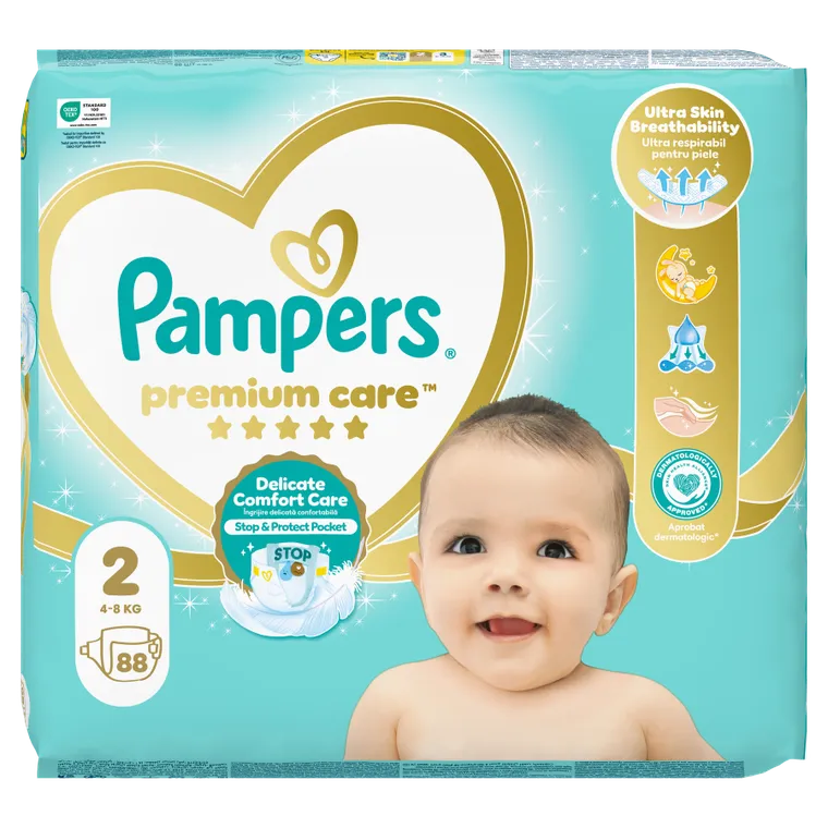 Pampers, Premium Care, pieluszki, rozmiar 2, 4-8 kg, 88 szt.