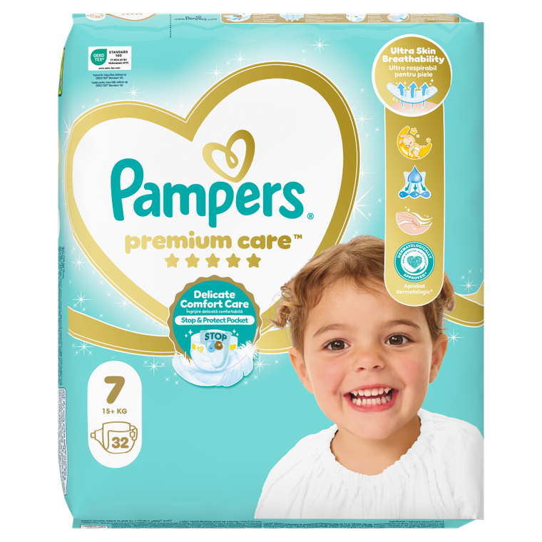 Pampers, Premium Care, pieluszki, rozmiar 7, 15 kg+, 32 szt.