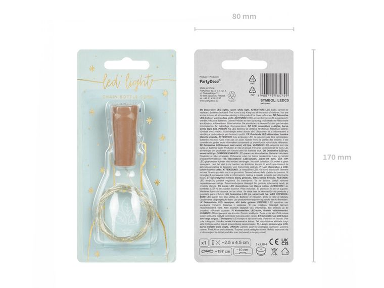 PartyDeco, lampki LED z korkiem do butelki, ciepły biały, 197 cm, 1 szt.