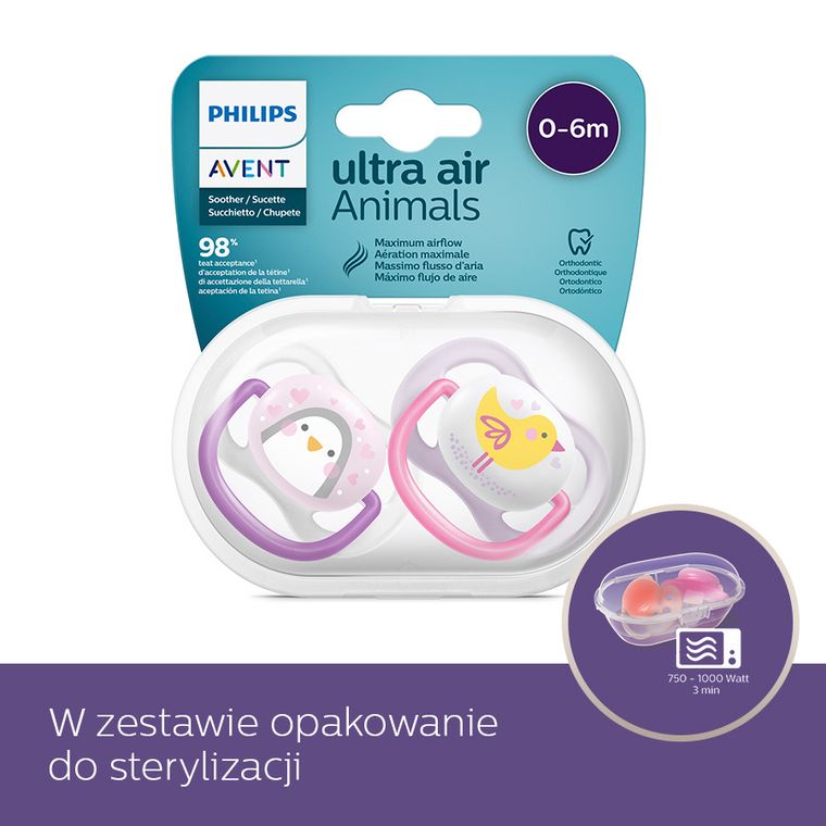 Philips Avent, Ultra Air, Animals, smoczek uspokajający, girl, 0-6m, 2 szt.