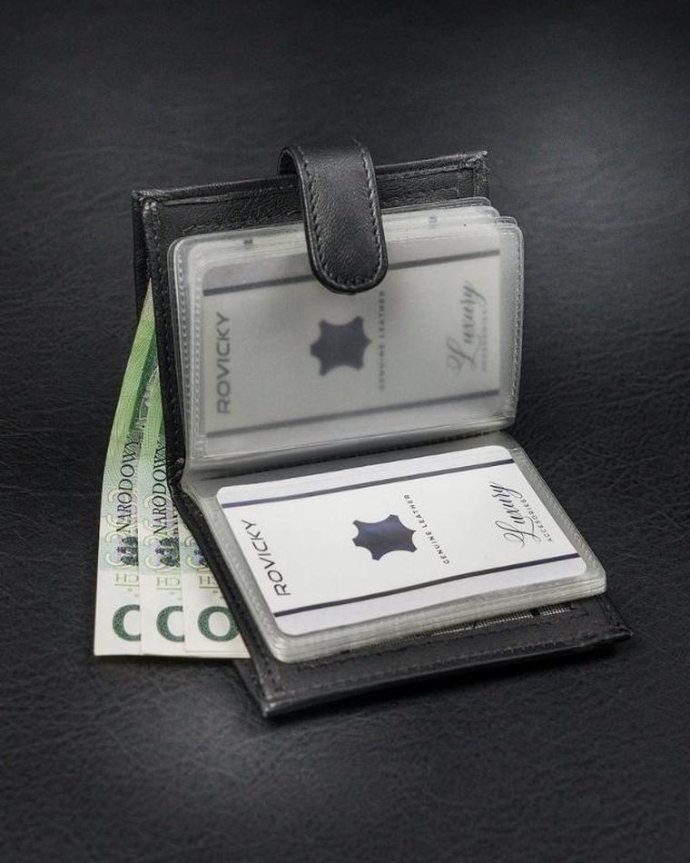 Pionowe, skórzane etui na karty z zapinką i kieszenią na banknoty, Loren